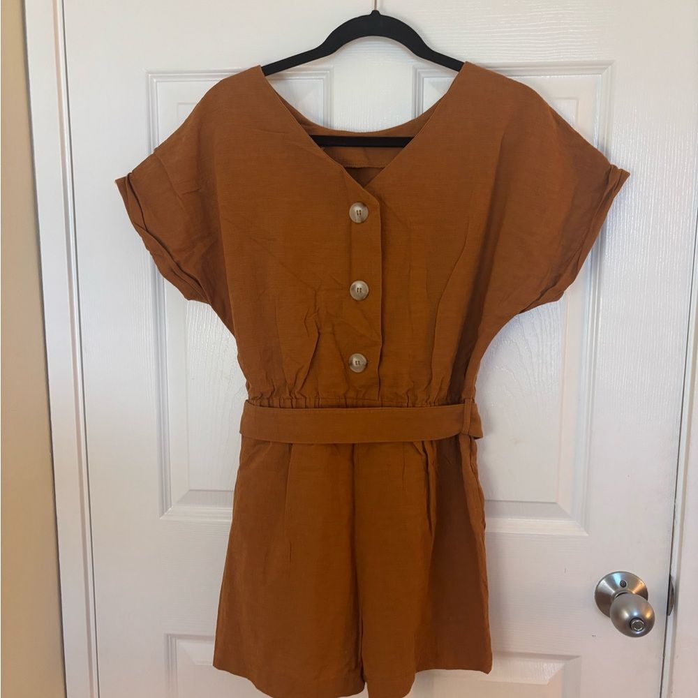 Final Touch Rust Short Sleeve Romper With Belt - image 3